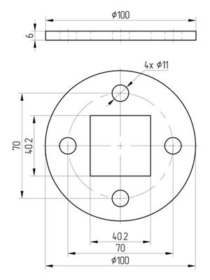 Bodenplatte V2A, roh, Ø 100mm, für Rohr 40x40mm