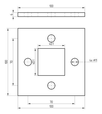 Bodenplatte V2A, roh, 100x100mm, für Rohr 40x40mm