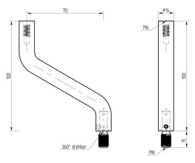 Handlaufträgerstift V2A, 2-fach gekröpft, 360° drehbar, mit Innen- und Außengewinde