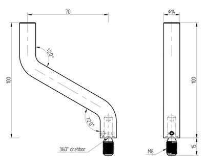 Handlaufträgerstift V2A, 2-fach gekröpft, 360° drehbar, anschweißbar und mit Außengewinde