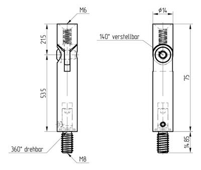 Handlaufträgerstift V2A, beweglich und drehbar, mit Gewinde M8 und M6