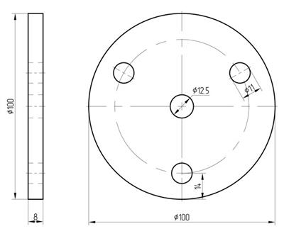 Ronde mit 3+1 Bohrungen (11mm+12,5mm), Größe 100x8mm